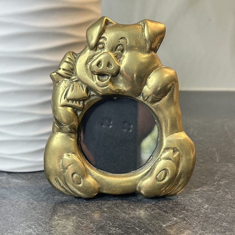 Vintage Brass Pig‎ Piggy Picture Frame 2" Round Glass HEAVY